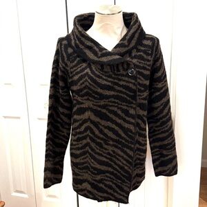 Adrienne Vittadini Zebra Print Knit Jacket Wool Blend Cowl Neck Cardigan Small